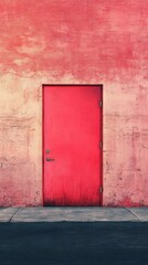 Red Door Set in an Old Wall with a Simple Concrete Sidewalk