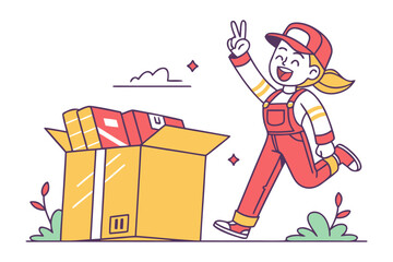 Delivering Joy: A vibrant illustration of a delivery person, radiating joy as she approaches a large box brimming with packages. With a cheerful gesture.