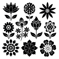 Obraz premium Collection of stylized black and white floral silhouettes on a white background