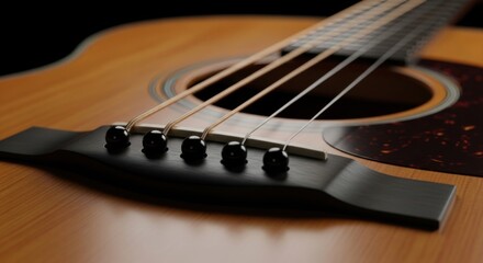Fototapeta premium Close up view of the bridge and strings of an acoustic guitar highlighting its craftsmanship and musical potential