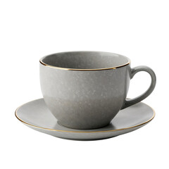 Grey ceramic cup and saucer with gold rim isolated on transparent background