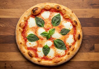 Overhead view of a freshly baked Margherita pizza with basil leaves, melted mozzarella, and tomato sauce on a wooden board