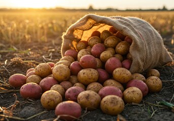 Overturned sack with fresh ripe potatoes outdoors