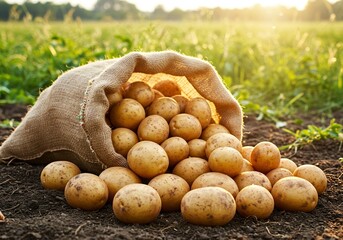 Overturned sack with fresh ripe potatoes outdoors