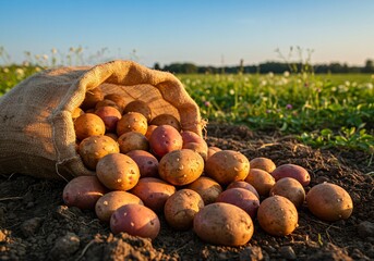 Overturned sack with fresh ripe potatoes outdoors