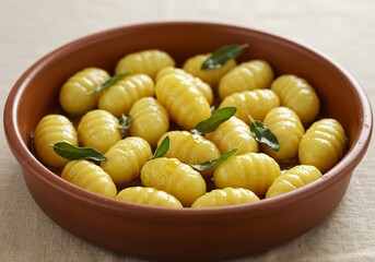 Pan-seared gnocchi in brown butter sauce with sage leaves, served in a rustic Italian ceramic dish