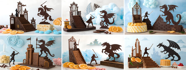 Chocolate castle and dragon themed dessert decorations on blue background, set 