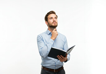 Pensive thoughtful contemplating caucasian young man thinking about future, planning new startup looking upwards isolated in white background