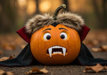 A pumpkin dressed as a vampire for Halloween