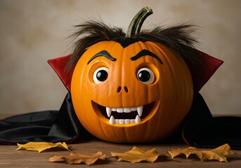 A pumpkin dressed as a vampire for Halloween