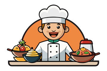 Culinary Chef's Delight: An inviting illustration of a cheerful chef presenting a delectable array of dishes, embodying the passion and skill of culinary artistry.