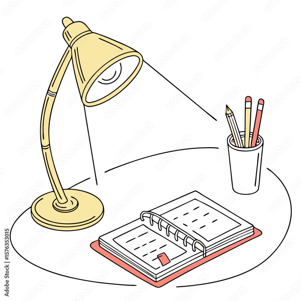 Poster illustration of a desk lamp illuminating an open notebook with pencils in a cup on a round table top