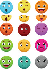Expressive emoticon set with various moods, including happy, sad, surprised, winking, and playful, vector cartoon illustration for digital communication.
