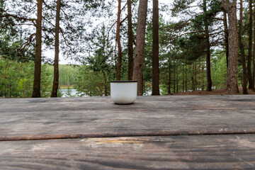 White Mug on Forest Picnic Table