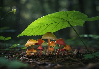 A group of mushrooms in tiny raincoats, huddling under a leaf umbrella