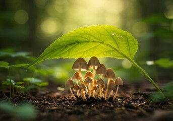 A group of mushrooms in tiny raincoats, huddling under a leaf umbrella