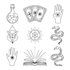 A collection of mystical symbols including tarot cards, snakes, potions, and hands, representing esoteric practices