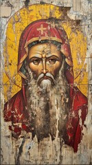 Religious icon depicting a bearded man with halo wearing a red head covering.