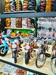 Unique miniature motorbikes and bicycles. Souvenirs from Yogyakarta
