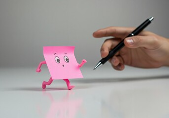 A sticky note with legs, running away from a hand trying to write on it