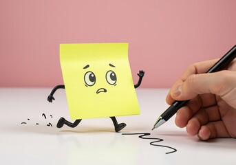 A sticky note with legs, running away from a hand trying to write on it