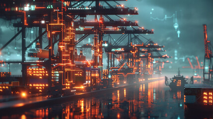 Industrial supply chain with container stacks, cranes, and glowing data overlays.