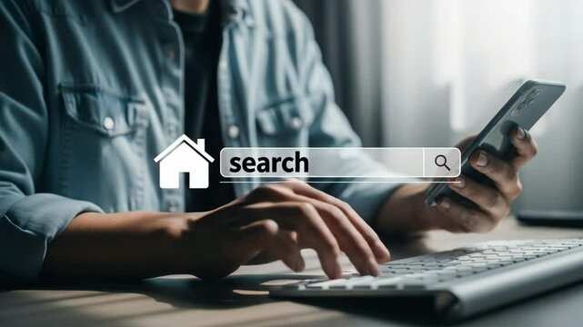 Person using keyboard and phone with search bar overlay for real estate browsing online now