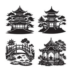 silhouette ancient Chinese pavilion set bundle on the white background