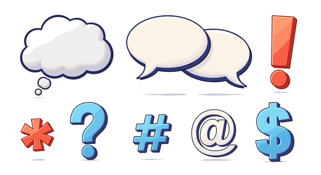 Illustration of speech bubbles exclamation point question mark at symbol dollar sign and number sign icons