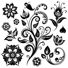 Collection of black and white floral ornaments and decorative swirls