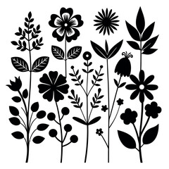 Collection of stylized black floral silhouettes on a white background