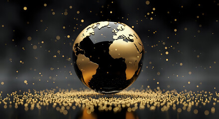 A shimmering golden world globe stands out against a dark backdrop with glittering particles, suggesting global reach, luxury, and sophistication, ideal for business or design contexts.