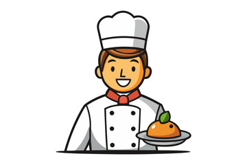 Smiling Chef with Dessert: A cheerful cartoon chef proudly presents a delicious-looking orange dessert on a silver platter.