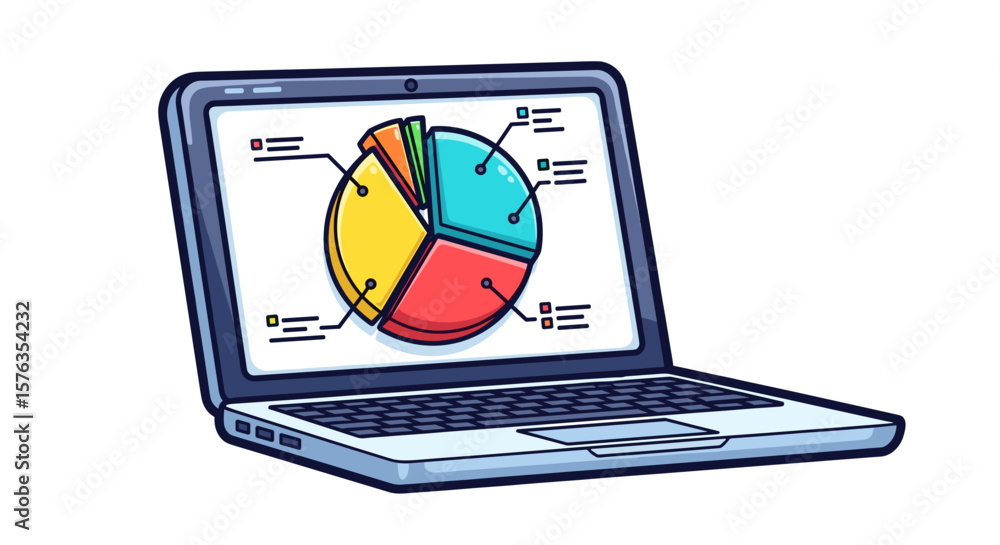 Fototapete laptop displaying a colorful pie chart with labels for data analysis and representation on screen vi