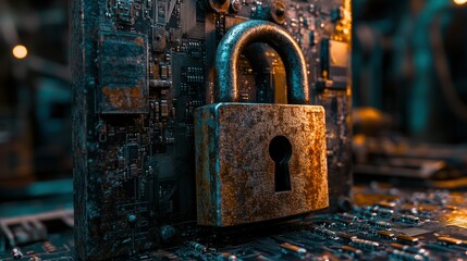 Rusty padlock on a circuit board