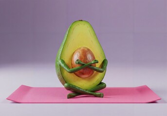 A avocado with arms crossed, sitting on a yoga mat, pretending to meditate