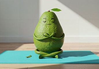 A avocado with arms crossed, sitting on a yoga mat, pretending to meditate