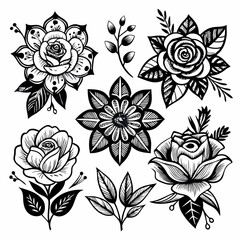 Collection of black and white floral illustrations with roses and leaves