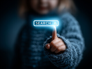 A child’s hand is touching a blue glowing Search bar Icon on a virtual screen with a futuristic digital interface , kids using technology, and digital learning
