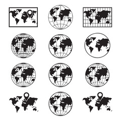 A collection of diverse world map and globe illustrations, showcasing continents and countries