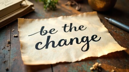 vintage paper with "be the change" text in elegant script on rustic wooden table. motivational and inspirational quote. personal growth and self-improvement theme. print design, poster, social media.
