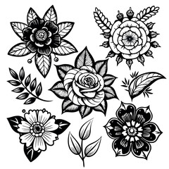 Collection of black and white floral illustrations with leaves and buds