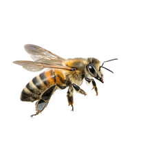 A determined honeybee mid flight carrying golden pollen symbolizing nature s diligence against stark black backdrop with