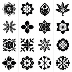 Collection of black and white floral and botanical decorative icons