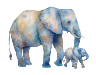 Watercolor illustration of a cute elephant with a baby on a white background, png, transparent
