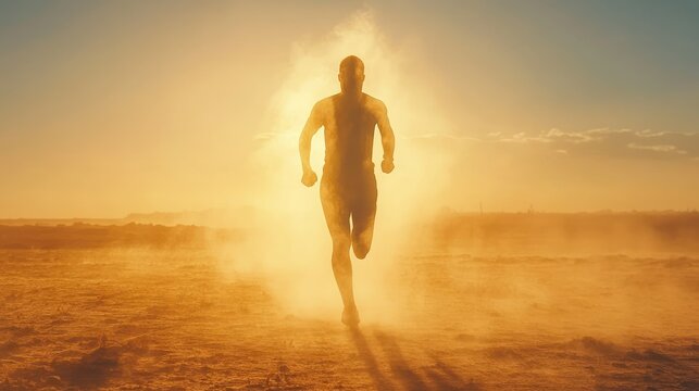 Silhouette of runner in desert at sunset, dust cloud