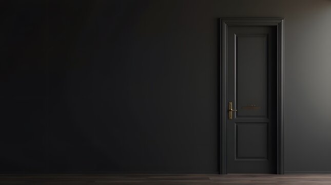 An elegant black door with a gold handle in a black wall. Modern interior, dark aesthetics, style and austerity.