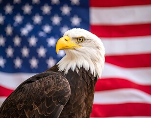 Bald eagle profile against US flag