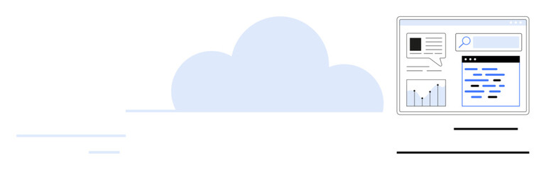 Cloud backdrop with screen showing charts, graphs, and search functionality. Ideal for data management, cloud computing, analytics, information sharing, productivity, tech apps simple landing page
