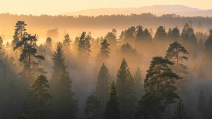 Obraz premium Sunrise over misty pine forest: soft golden rays, cinematic mountain depth, tranquil mood